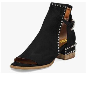 FSJ Black Rivets Peep Open Toe Cut Out Buckle Ankle Boot Block Low Heeled Sandal